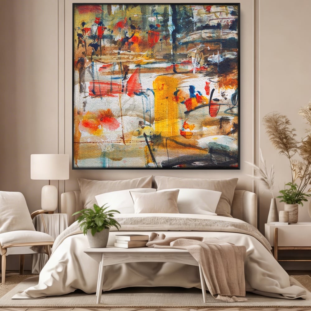 Tablou canvas cu tablou abstract cu pete rosii si galbene, in rama de aluminiu negru, pe perete intr-un dormitor